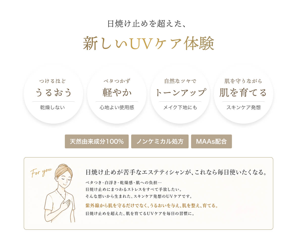 日焼け止めを超えた、新しいUVケア体験　つけるほどうるおう｜乾燥しない　ベタつかず軽やか｜心地よい使用感　自然なツヤでトーンアップ｜メイク下地にも　肌を守りながら肌を育てる｜スキンケア発想　天然由来成分100%　ノンケミカル処方　MAAs配合